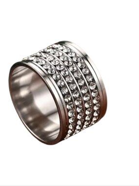 New Stainless Steel, Wide Silver Band Ring With Cubic Zirconia Sulize 12 Unisex